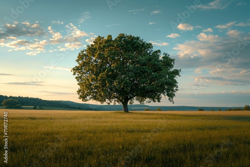 beautiful view of a tree in the middle of a high field