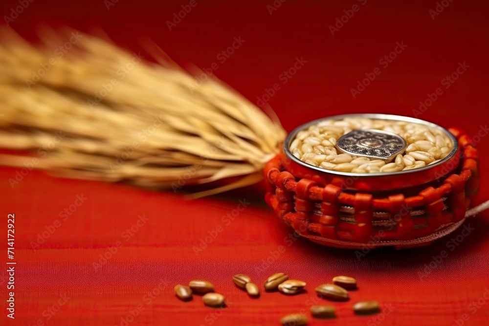 Indian festival with beautiful Rakhi and Rice Grains