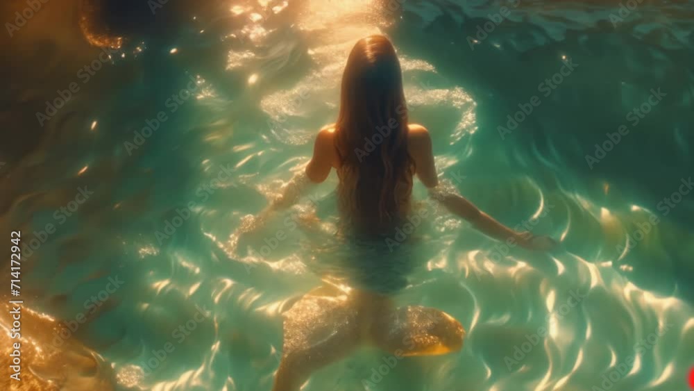 Beautiful brunette girl swimming. Pretty mermaid woman tail water reflection. Attractive sexy female model. Nature beauty. Clean water. Mystical wet fairytale siren creature. Ocean legend aerial view.
