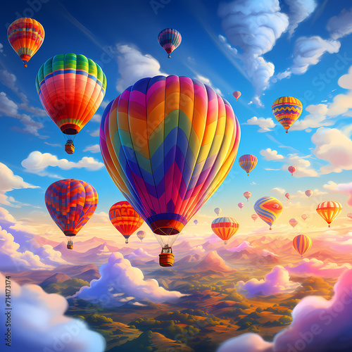 Colorful hot air balloons floating in the sky. 