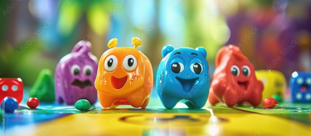 Colorful characters and dice from ludo board game.