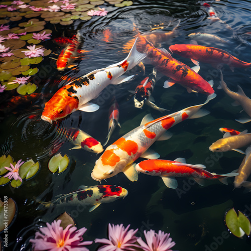 Colorful koi fish swimming in a pond. © Cao
