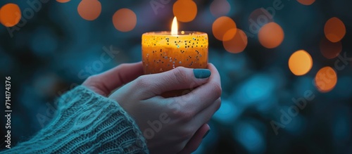 Grey-nailed woman's hand gripping candle, close-up.