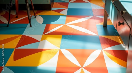 Close-up of a patterned linoleum floor in a retro kitchen  featuring bold  graphic designs and vibrant colors