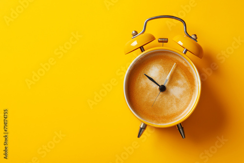 Classic alarm clock with coffee instead of a clock face isolated on a yellow background with copy space. Coffee break, morning routine, breakfast time minimal creative concept. Latte art, coffee time.