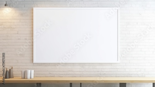 mock up poster frame, white chalkboard. Room interior with white walls, empty board on the wall for writing