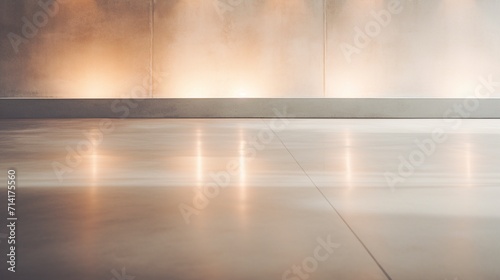 Close-up of a sleek, polished concrete floor in a minimalist living room, reflecting soft ambient lighting