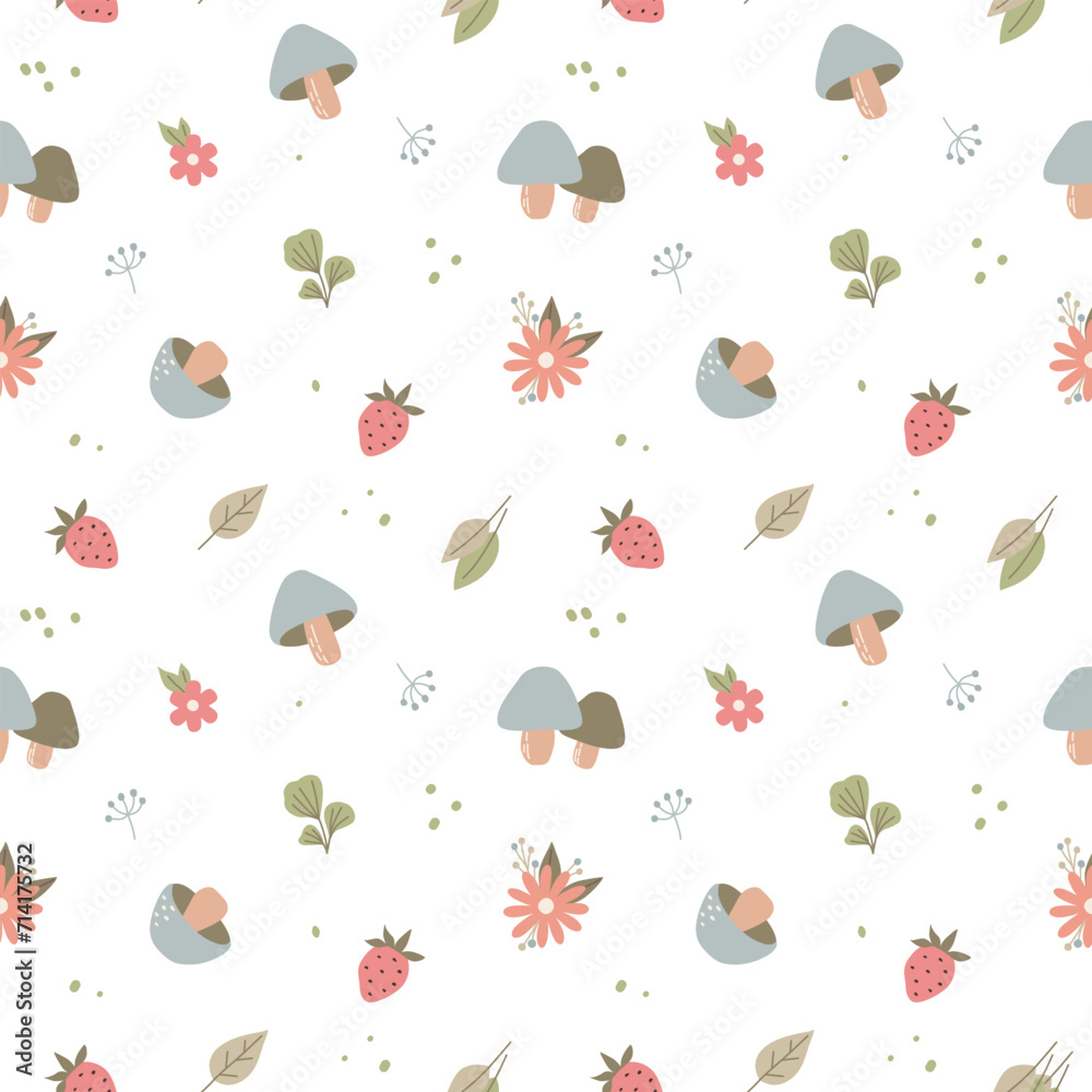 Seamless pattern with childish forest plants twigs leaves flowers mushrooms. Cute illustration for child textiles, design.