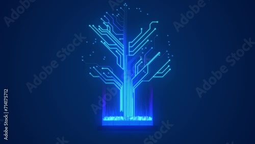 Growing circuit board tree. Blue glowing circuit board electronic high tech growing tree. Digital tree. Future technology block chain concept.  photo