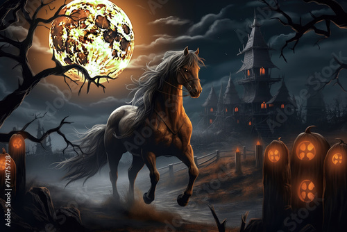 Jack o Lanterns and the horse shining in the moonlight