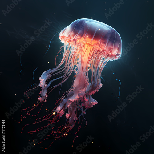 Glowing jellyfish in a dark ocean abyss. © Cao