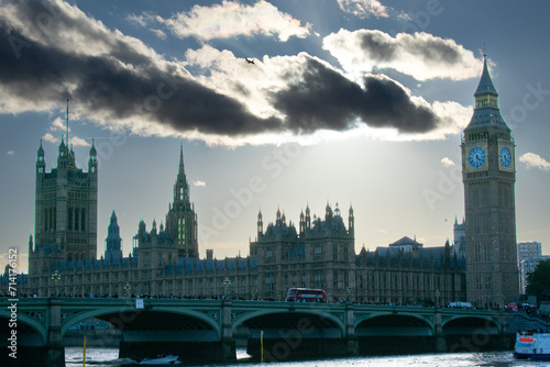  Big Ben Clock tower from across the Thames river. UK  London