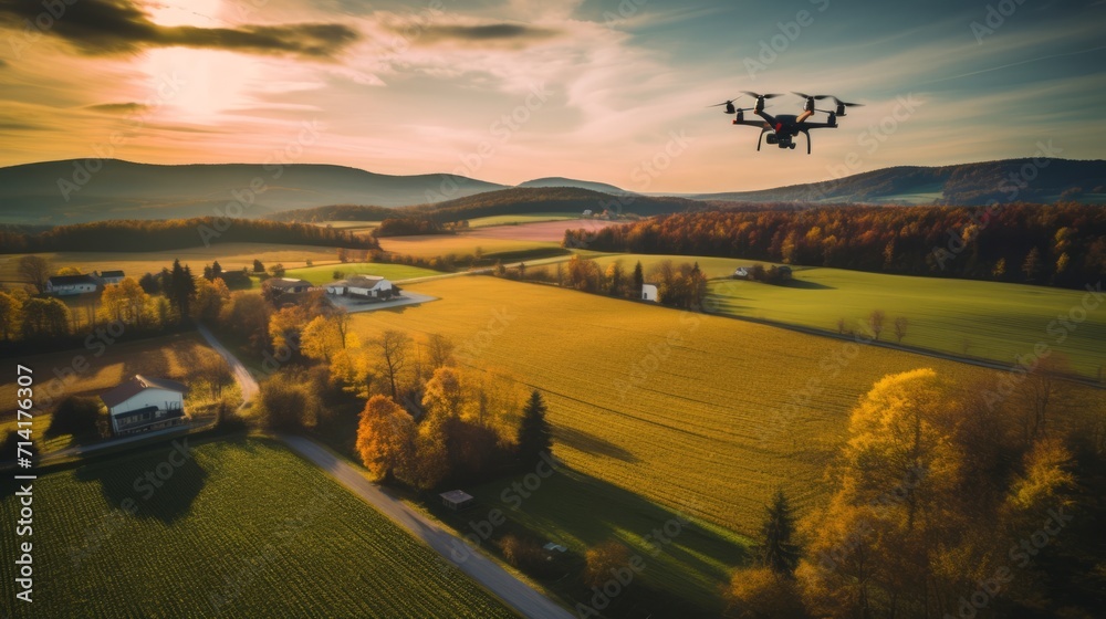 A drone flies over an autumn countryside landscape at sunset, illuminating the golden fields and forests.