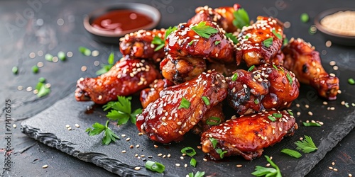 Incredibly tasty BBQ chicken with sesame seeds on a black plate, fast food, sweet and sour sauce, Asian cuisine, background, wallpaper. photo