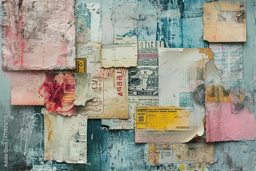 Timeless Ephemera: Dive into the Past with a Lightly Weathered Scrapbook Collage, Featuring Vintage Newspaper, Blank Label, Vintage Ticket, and Postmark in Soft Watercolors
