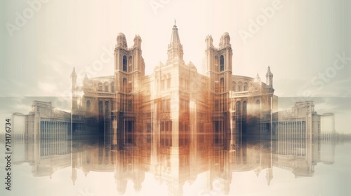 Abstract image of a cityscape with silhouettes of church spiers, made using the double exposure technique with soft transitions of sepia tones. photo