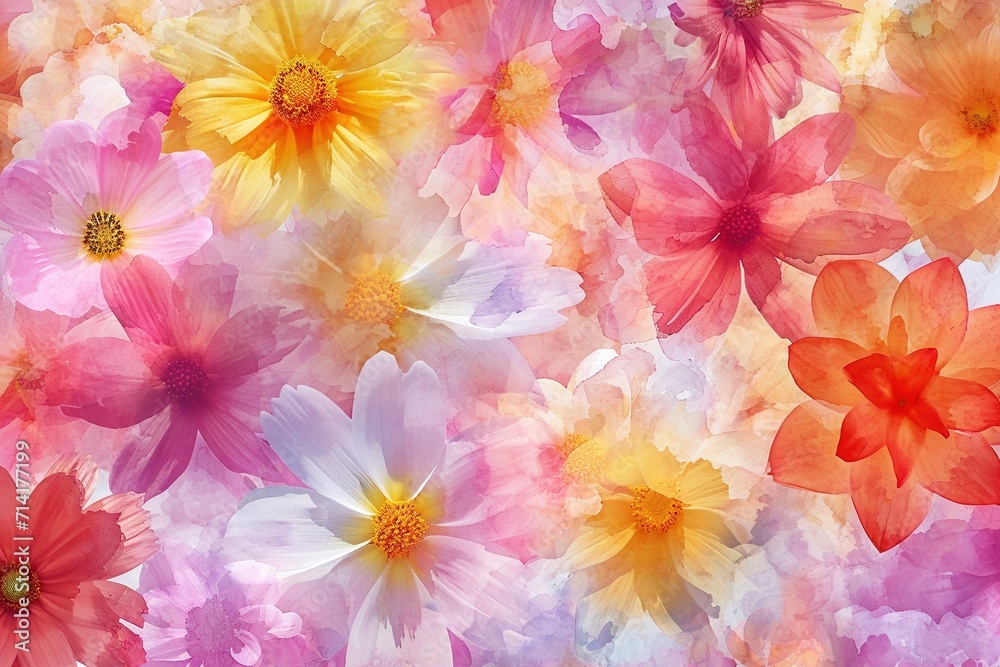 Sunny Serenity Unveiled: Densely Packed European Summer Blossoms in a Cheerful Watercolor Painting, Crafting an Inviting Background Wallpaper Texture Sunny Serenity Unveiled: Densely Packed European Summer Blossoms in a Cheerful Watercolor Painting, Crafting an Inviting Background Wallpaper Texture