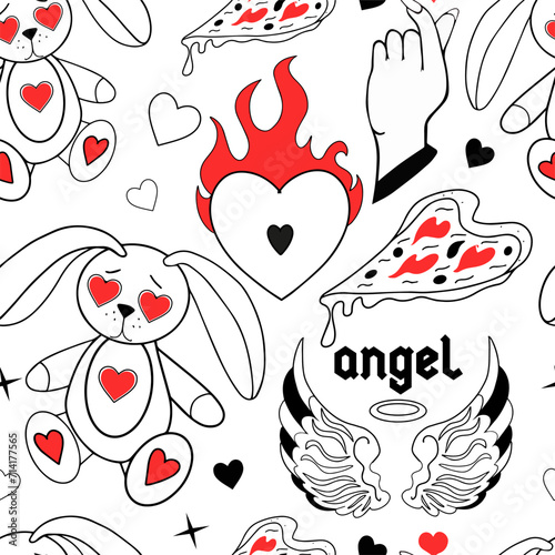 Valentine s Day pattern. Love modern print hand drawing with burning heart  flower  rose.Y2k 2000s cute emo goth aesthetic . Vector illustration