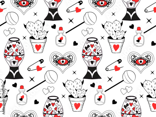 Valentine's Day pattern. Love modern print hand drawing with burning heart, flower, rose.Y2k 2000s cute emo goth aesthetic . Vector illustration