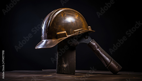 Labor day worker hammer safety helmet Antique brass brown photo