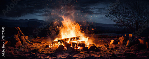 forest trip by the campfire in the night time.