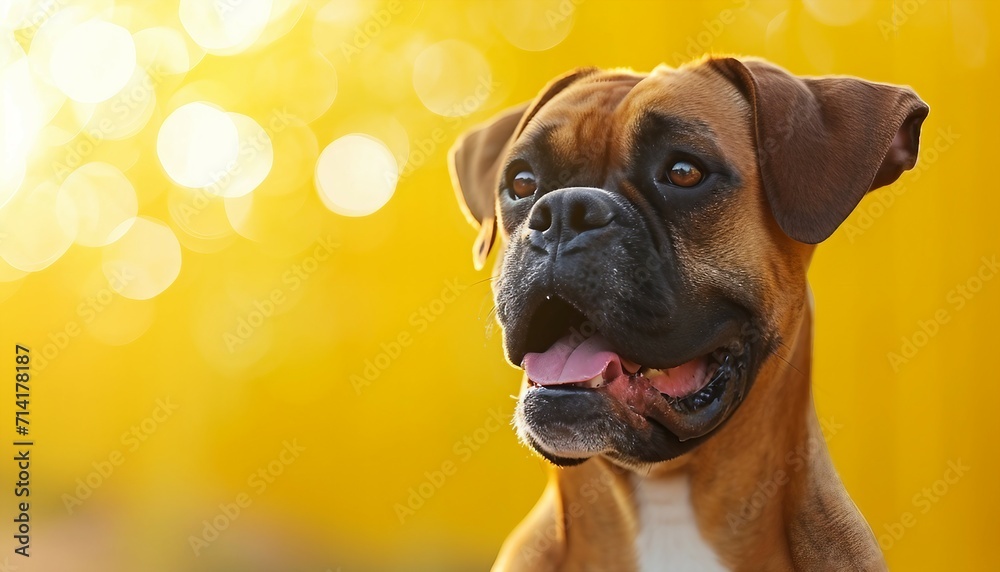 Fototapeta premium Boxer against a sunlit yellow background, capturing the breed's strength and vitality, Boxer on yellow background.