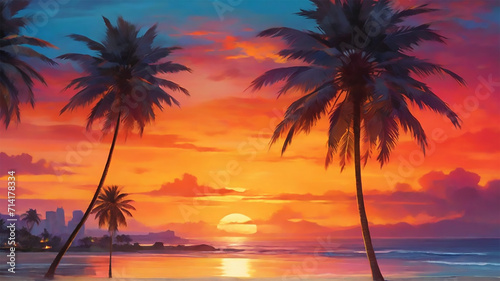 a beach with palm trees and sunset view