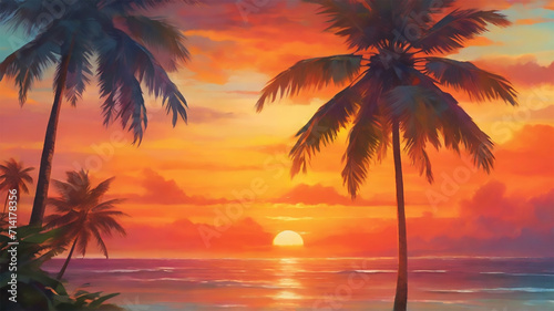 a beach with palm trees and sunset view © Sobaurna