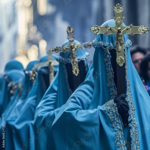 the holy week, with processions and prayers holding a cross, blue colors 