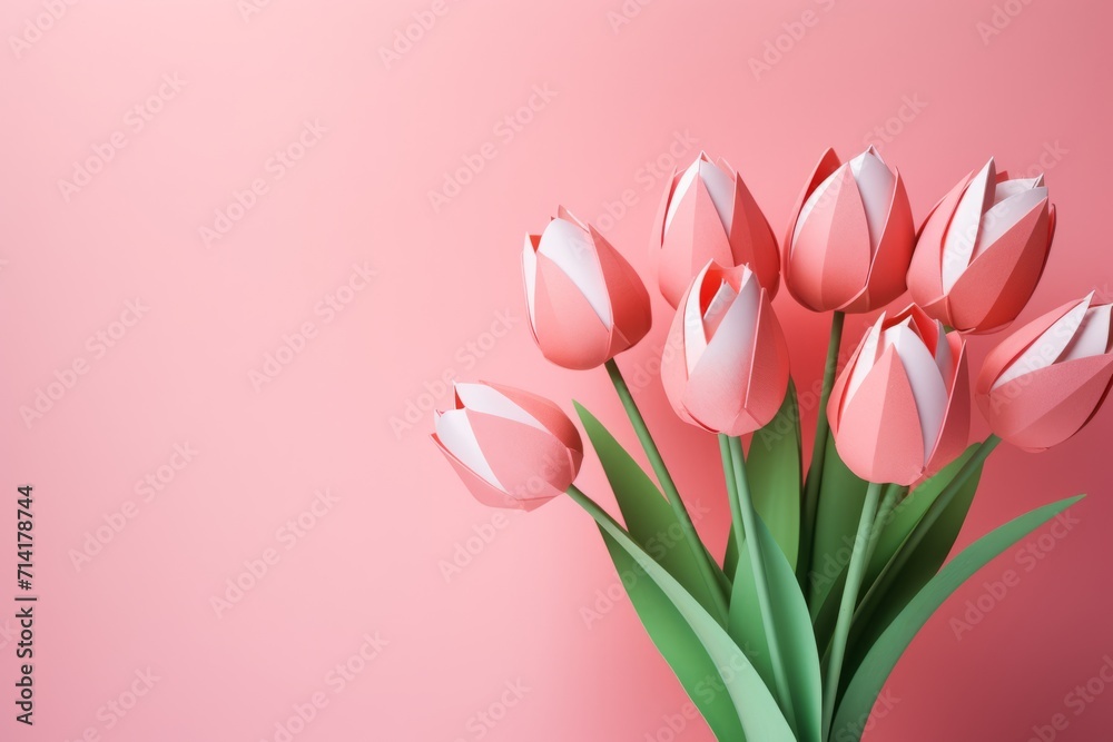 pink tulips flowers with a paper texture isolated on pink background, copy-space, valentine's day, mother day