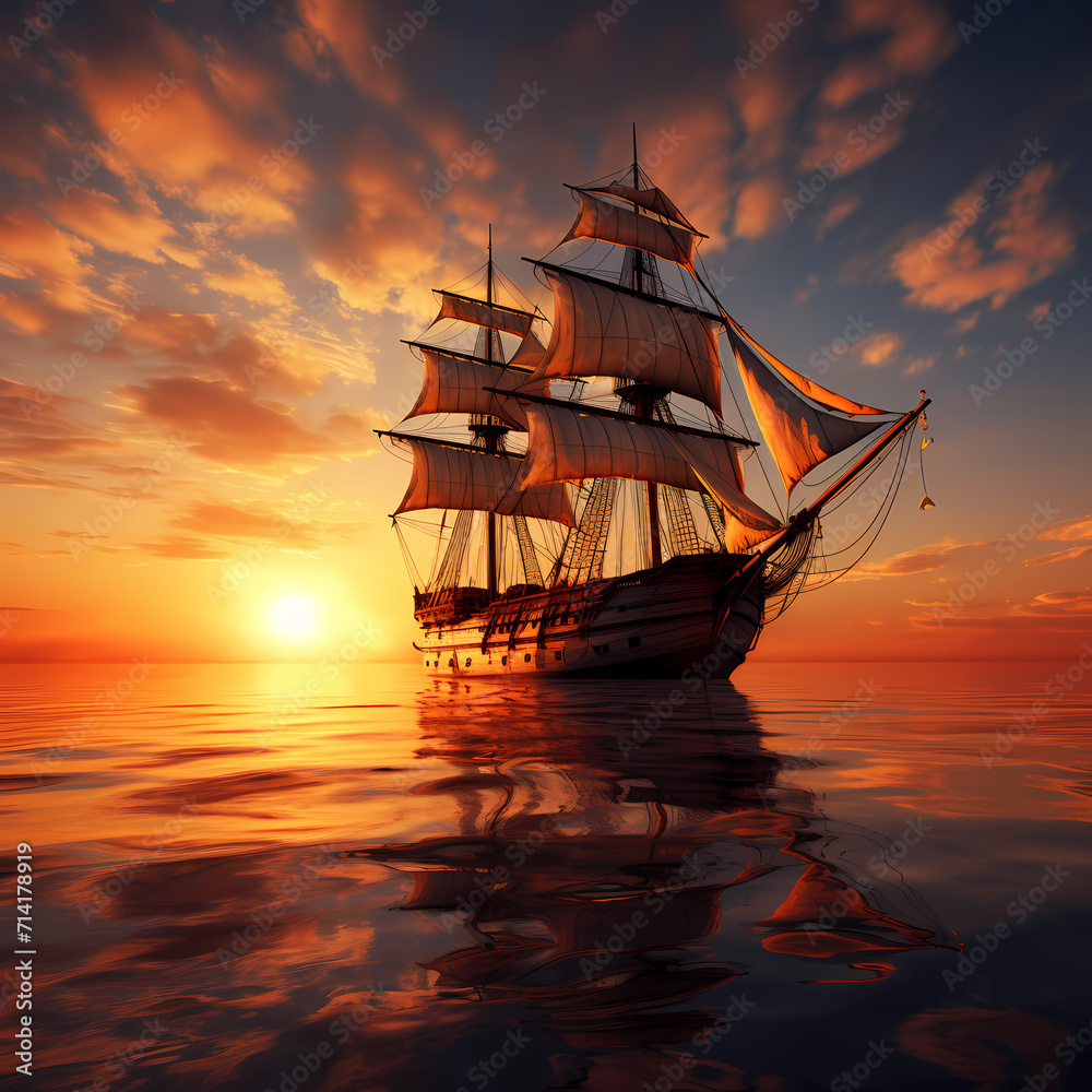 Old sailing ship on a calm sea at sunset.