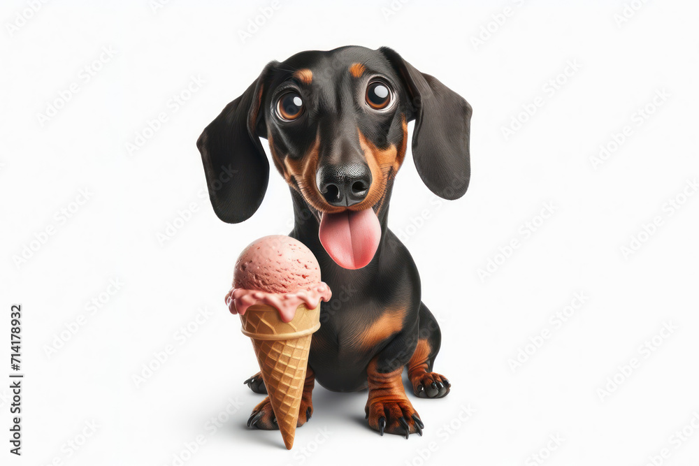 Dachshund dog with tongue hanging out and big bulging eyes eat ice cream cone on white background. ai generative