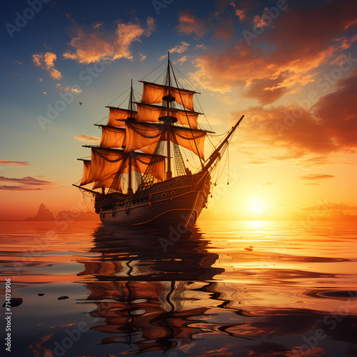 Old sailing ship on a calm sea at sunset.