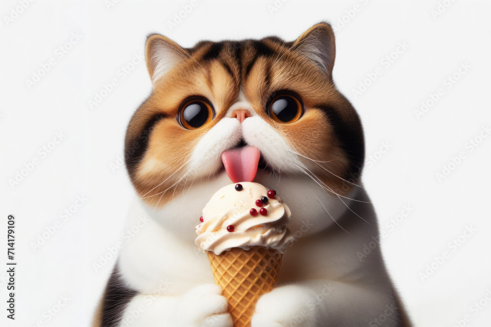 Exotic Shorthair cat with tongue hanging out and big bulging eyes eat ice cream cone on white background. ai generative