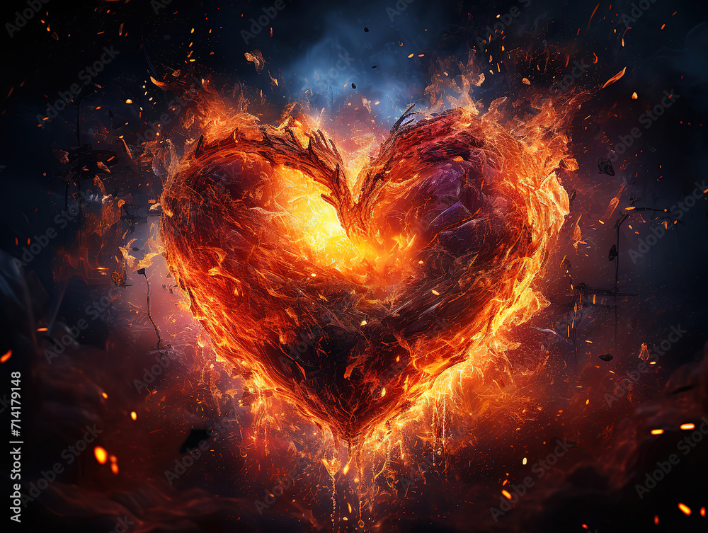 Heart shaped sparks floating and with flames