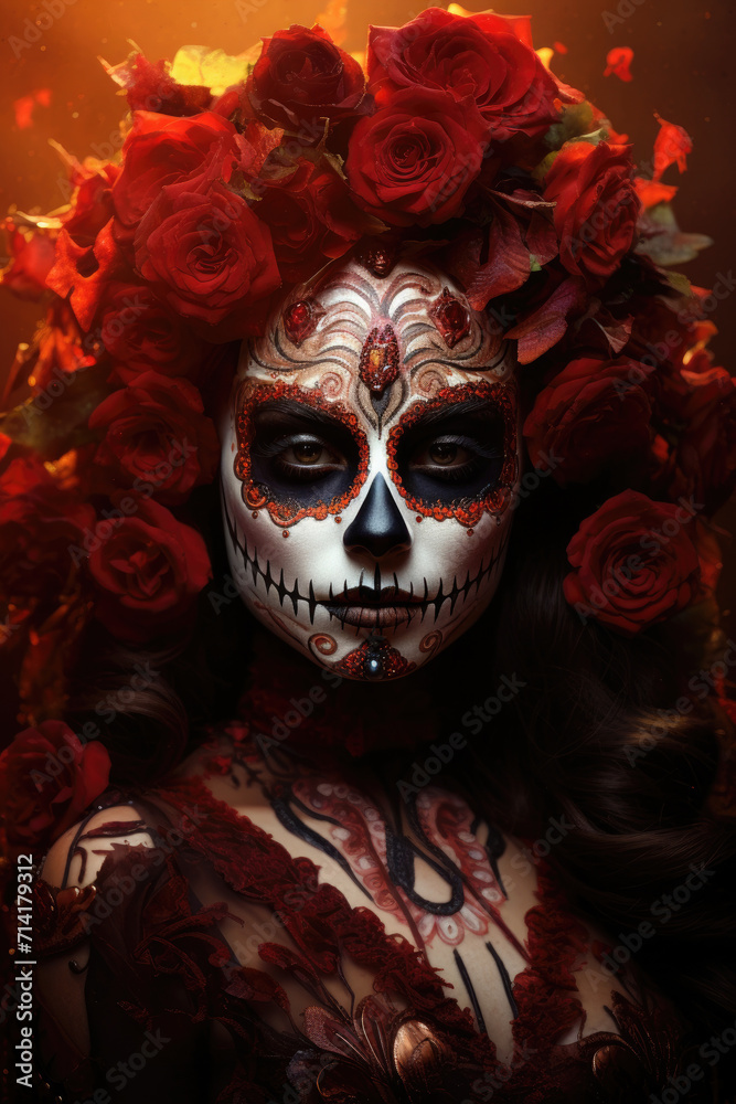Latin woman among flowers with skeleton make up and traditional clothing