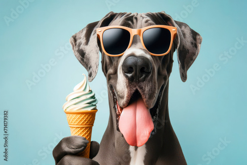 Great Dane dog wear sun glasses with tongue hanging out eat ice cream cone on solid color background. ai generative
