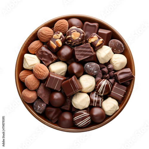 chocolate candies in a bowl isolated on a transparent white background, PNG 