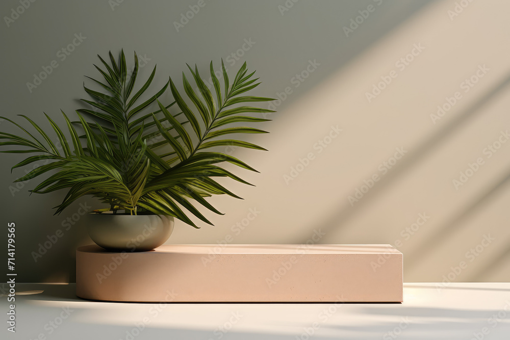 Leafy plant and rectangular empty product podium in front of pastel color wall Leafy plant and rectangular empty product podium in front of pastel color wall