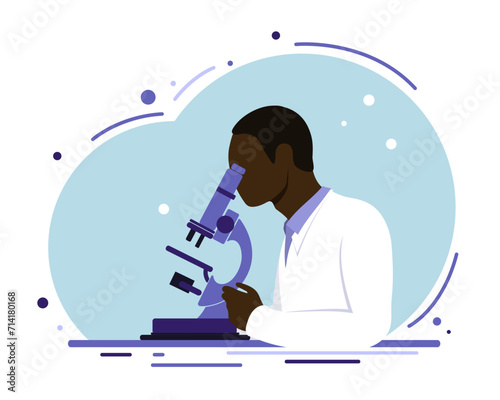 An African scientist looks through a microscope. Science. Flat style.