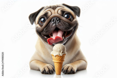 pug dog with tongue hanging out and big bulging eyes eat ice cream cone on solid white background. ai generative