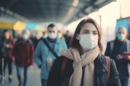 Young woman wearing face mask at the airport. Coronavirus concept. Medical Mask. Pandemic Concept. Healthcare Concept. Epidemic Concept.