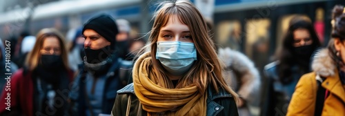 Portrait of a girl in a medical mask on the background of the crowd. Medical Mask. Pandemic Concept. Healthcare Concept. Epidemic Concept.