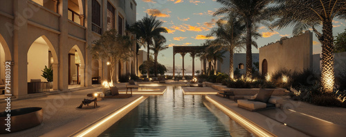 getaway destination of luxury resort hotel or palace garden landscaping design with arcade arcs and pool water feature for Arabia classic exotic tourism architecture design as wide banner photo