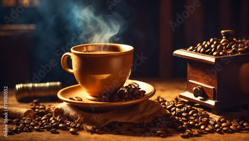 Cup morning of coffee, grains vintage background