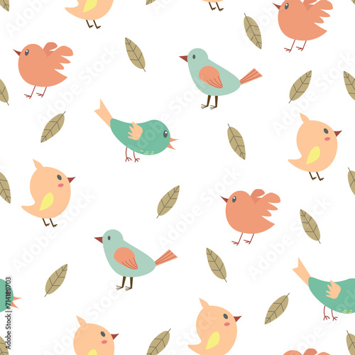 Seamless pattern of cute birds. Vector flat design  kids illustration. Cartoon style.