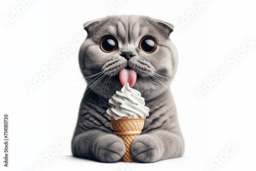 Scottish Fold cat with tongue hanging out and big bulging eyes eat ice cream cone on white background. ai generative