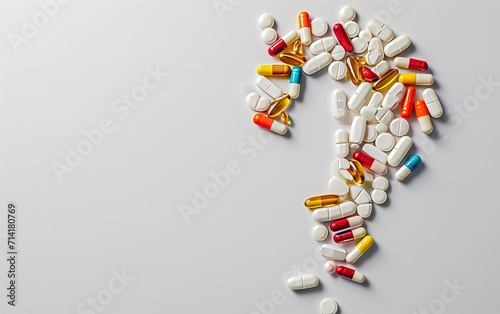 Top view of various medicines are in a question mark symbol with a big copy space, Generative AI.