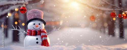 Snowman in winter country. Merry christmas and happy new year print card decoration. wide banner