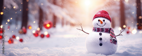 Snowman in winter country. Merry christmas and happy new year print card decoration. wide banner